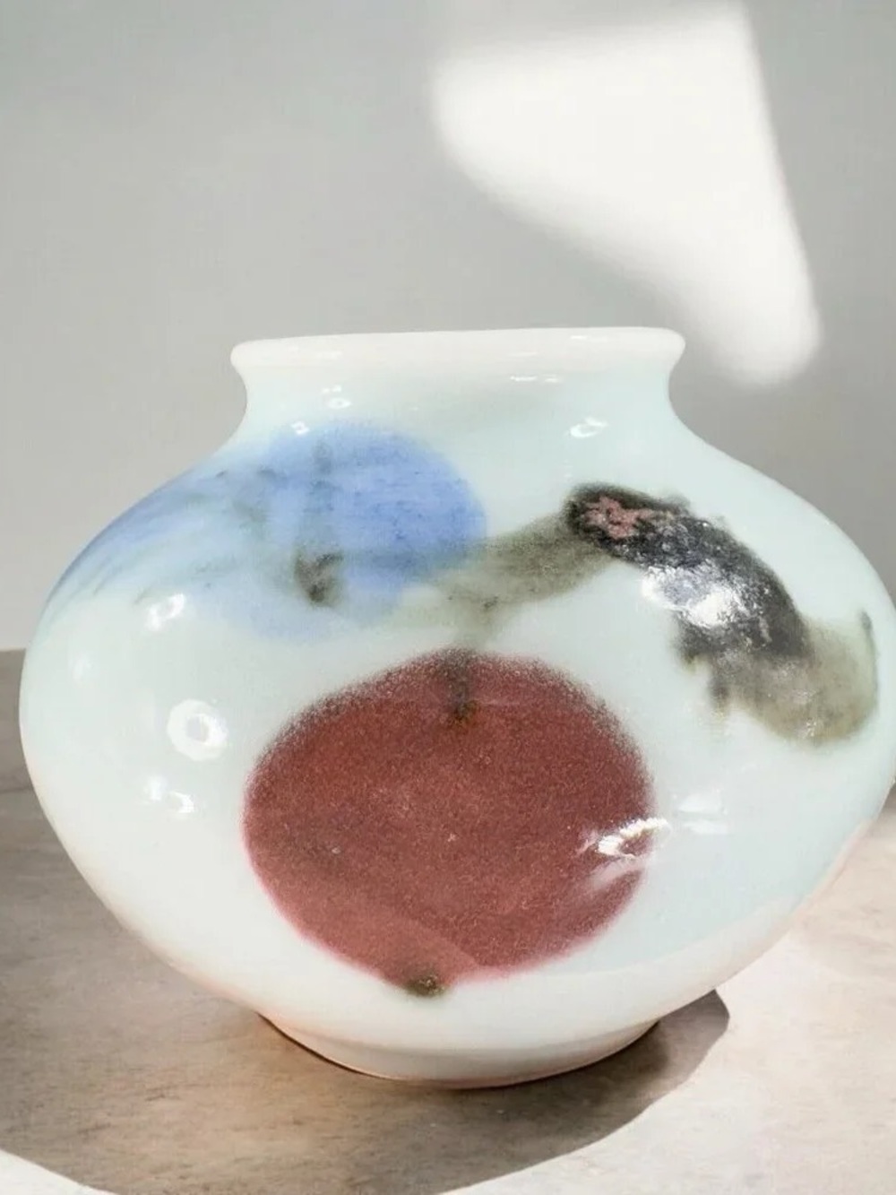 Hand-Painted Ceramic Art Vase with Red and Blue Motif